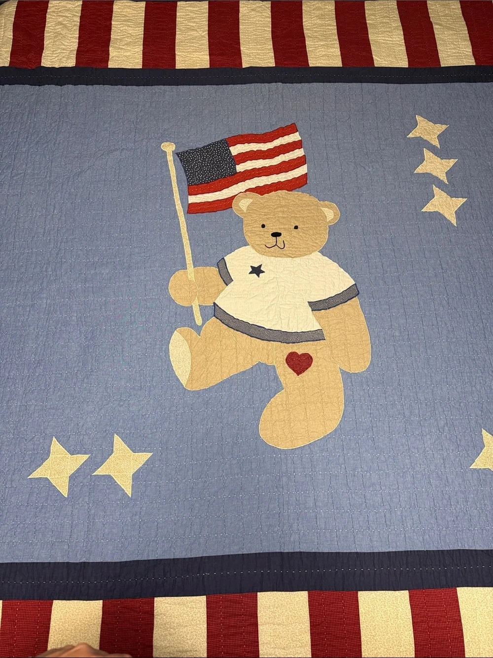 Patriotic Hand Stitched Teddy Bear Quilt in Blue & Red - Double Sided - King